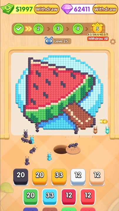 Gameplay board with pixel watermelon and numbered color tiles