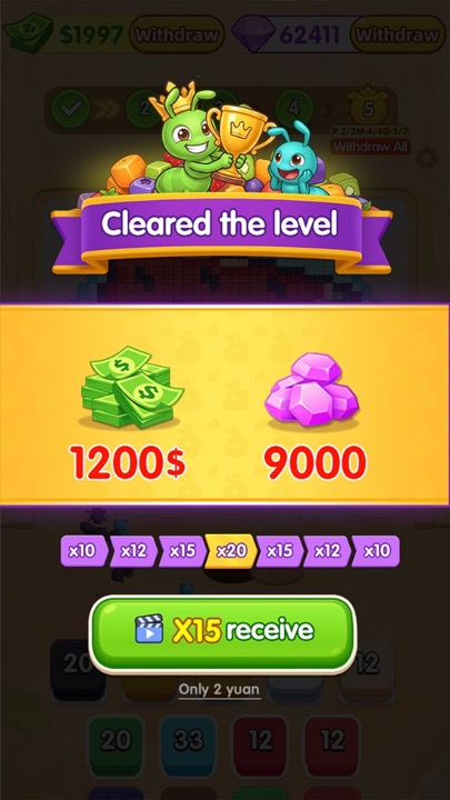 Level cleared reward screen with multipliers